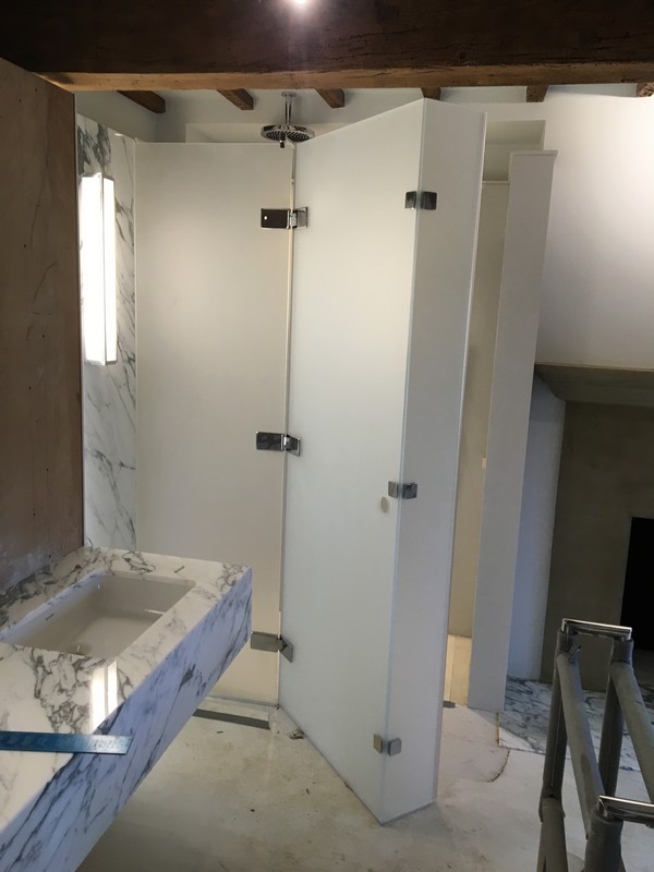Bespoke frosted glass shower enclosure in Lambeth luxury bathroom
